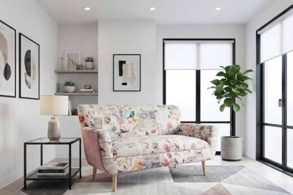 Sofa estilo vintage tapiz patchwork tonos florales y pasteles