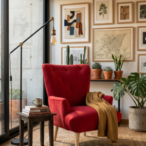 Sillón vintage rojo en un living moderno acogedor con plantas y cuadros decorativos en Chile