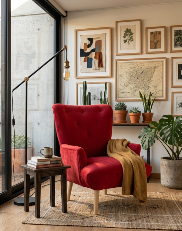 Sillón vintage rojo en un living moderno acogedor con plantas y cuadros decorativos en Chile