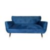 sofa azul bote vintage Sofá de 2 cuerpos modelo bote tapizado en felpa azul estilo mid-century con cojines decorativos y patas de madera.