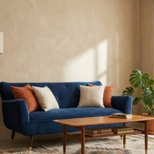 Sofá de 2 cuerpos modelo bote tapizado en felpa azul estilo mid-century con cojines decorativos y patas de madera.