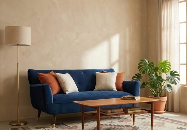 sofa bote azul Sofá de 2 cuerpos modelo bote tapizado en felpa azul estilo mid-century con cojines decorativos y patas de madera.