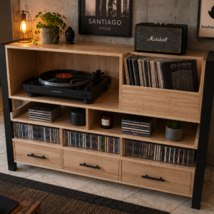 2026/07/27775.png Rack para Vinilos Estilo Industrial de Madera y Fierro | Deco Rústika