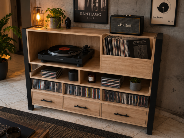 2026/07/27775.png Rack para Vinilos Estilo Industrial de Madera y Fierro | Deco Rústika